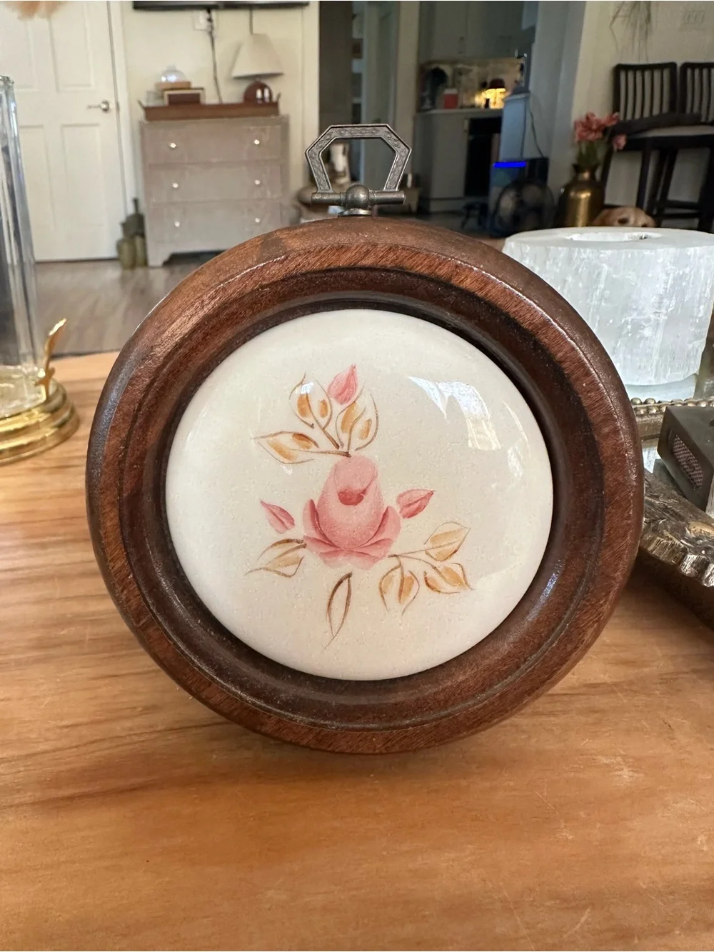 Vintage hand painted made in USA Wood-Framed Ceramic Tile Pink Rose Motif 5”
